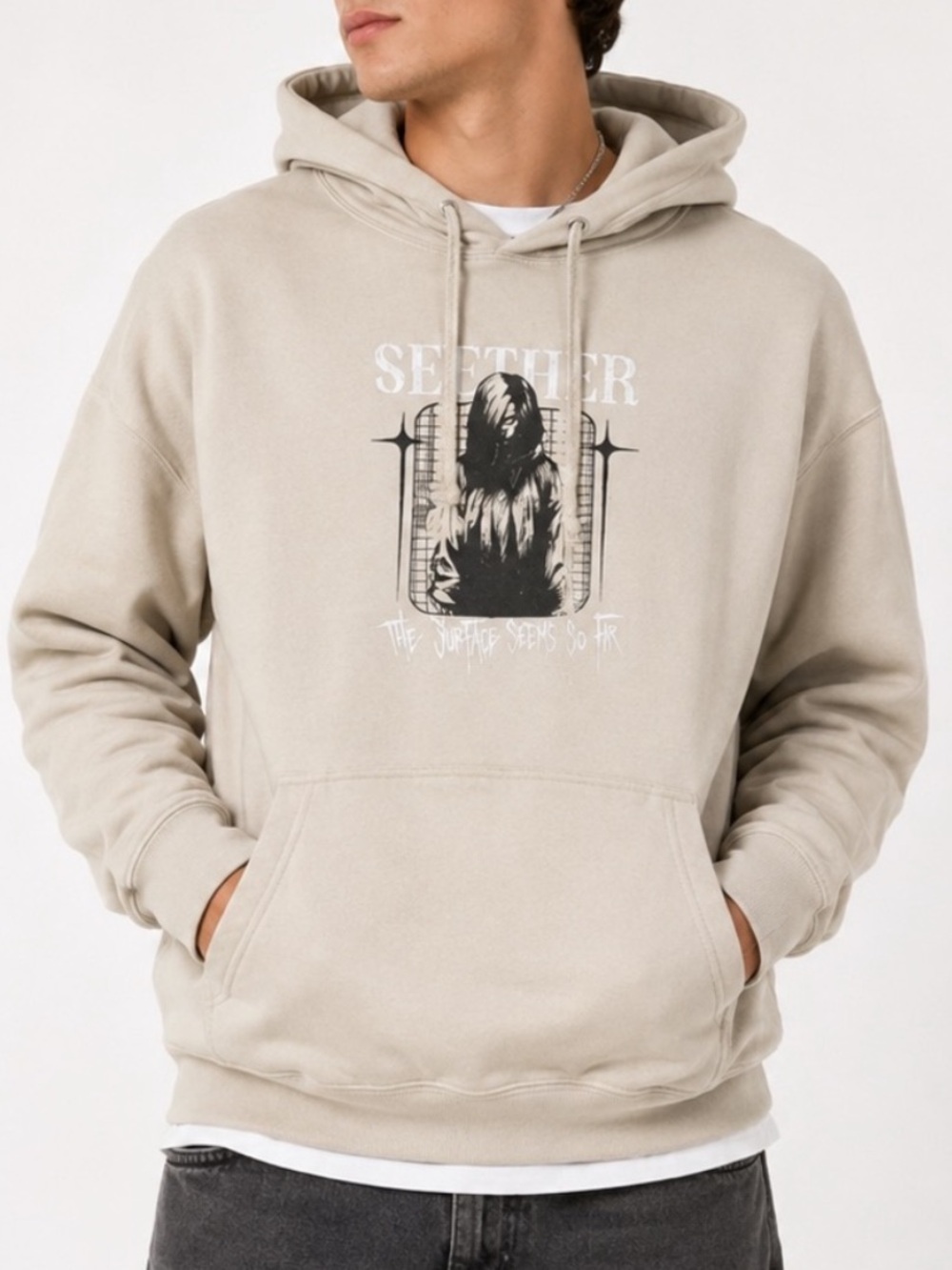 Seether Graphic Hoodie Beige Grunge Band Hoodie Mens M The Surface Seems So Far